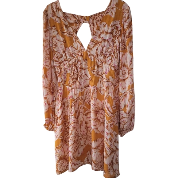 Band Of The FreexBand Of Gypsies XS Flowy Floral Babydoll Mini Dress Gold Blush - Picture 4 of 14